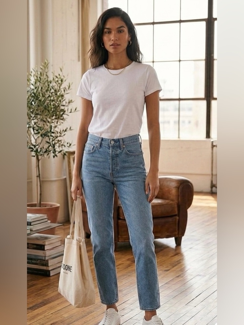 Re/Done Women's Vintage Light Blue Inspired High Waisted Crop Straight Leg Jeans